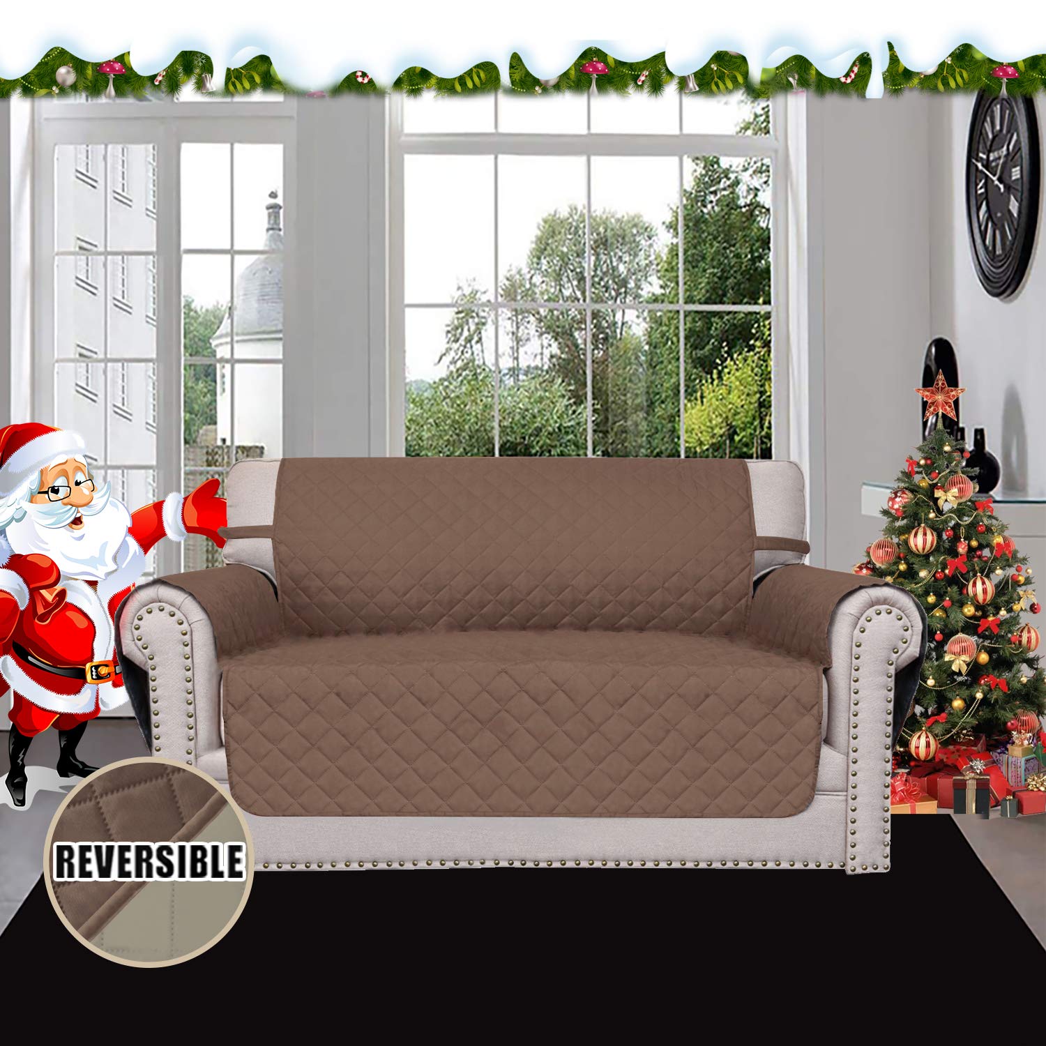 Easy-Going beige reversible loveseat cover adds quick refresh and pet spill protection.