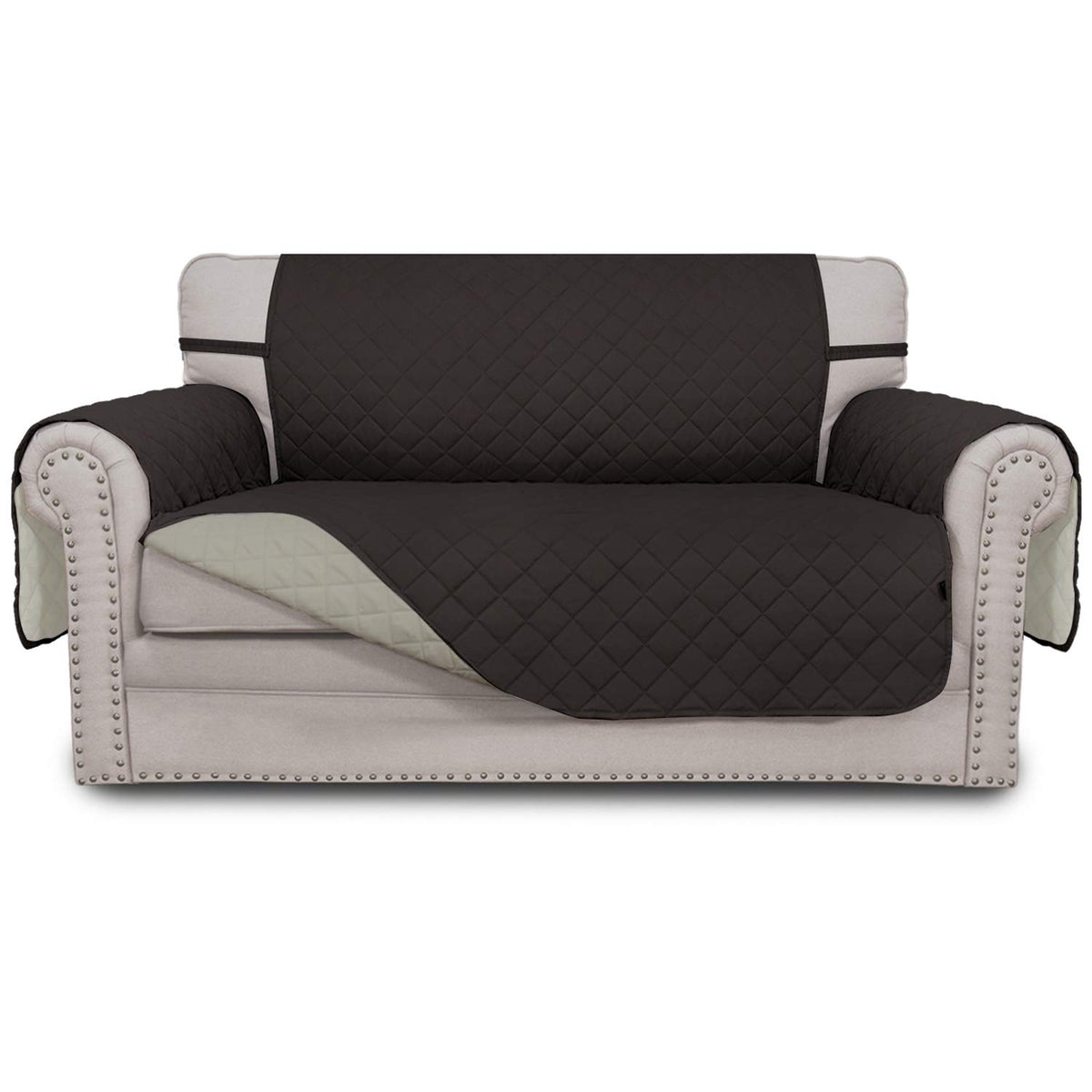 Easy-Going reversible loveseat cover in chocolate-beige protects fabric from spills and wear.
