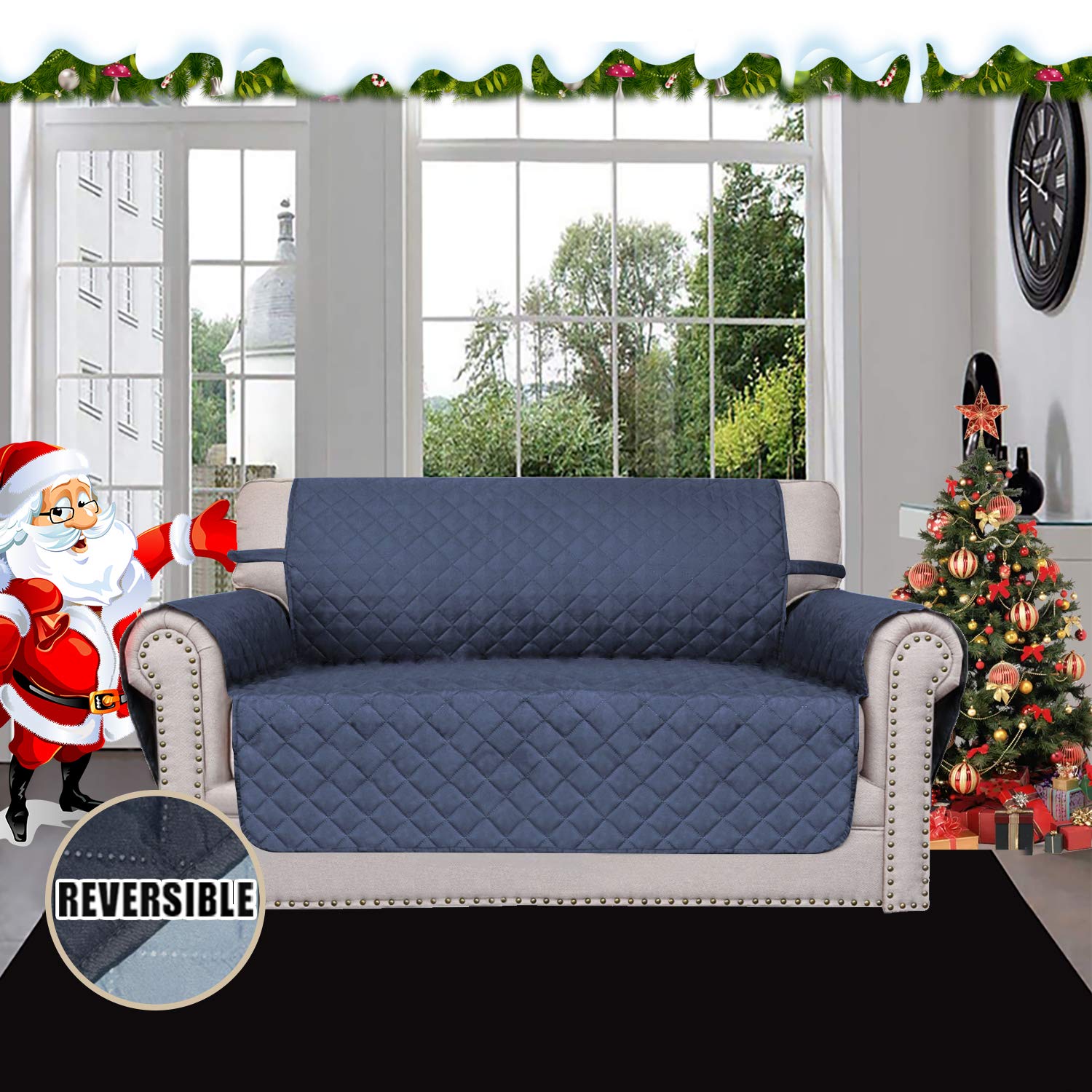 Easy-Going reversible loveseat cover in dark blue and light blue options for two-tone styling.