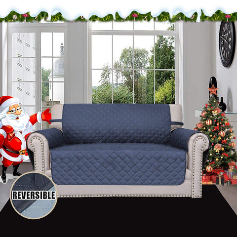 Easy-Going reversible loveseat cover in dark blue and light blue options for two-tone styling.