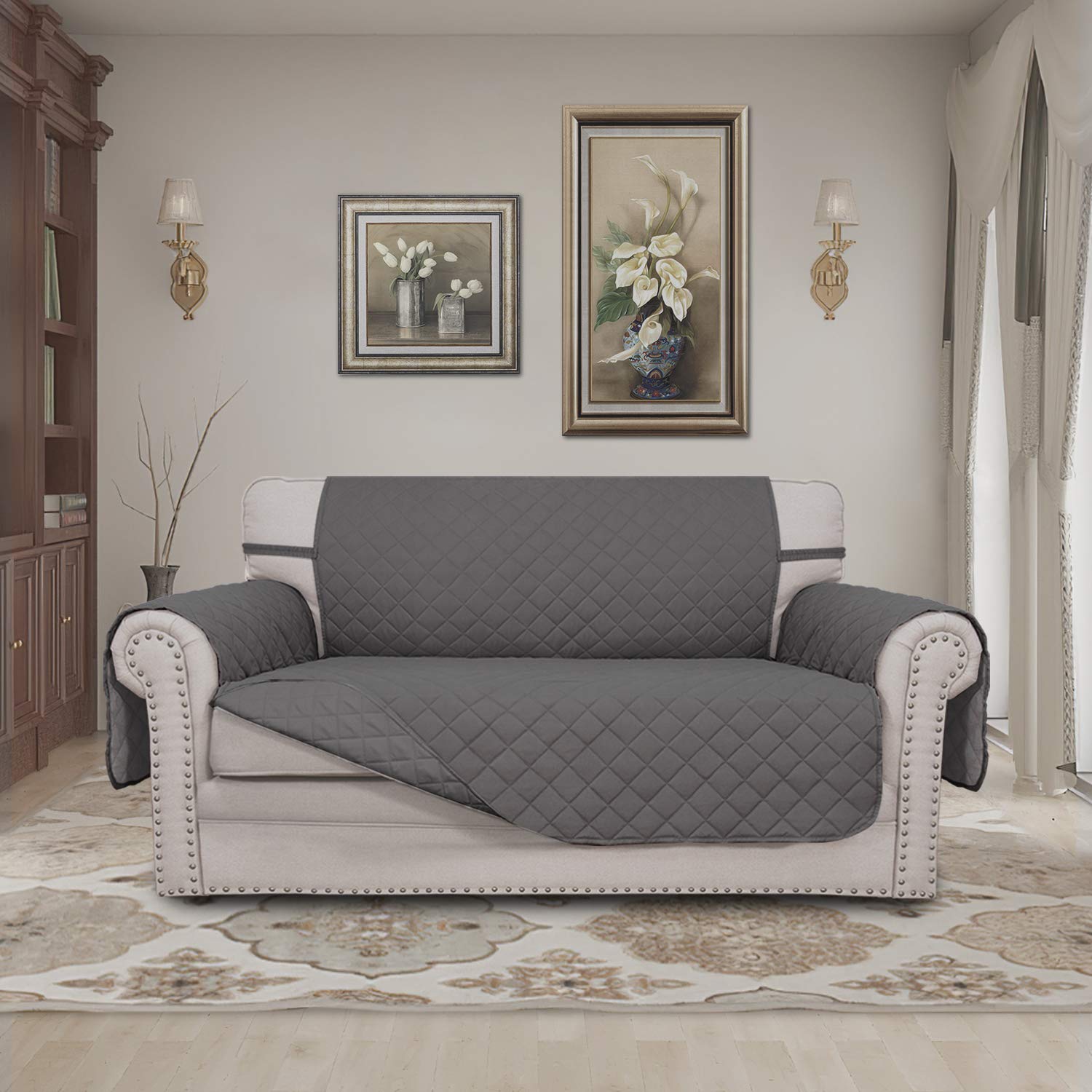 Easy-Going reversible loveseat cover installation shows foam pipes for secure fit
