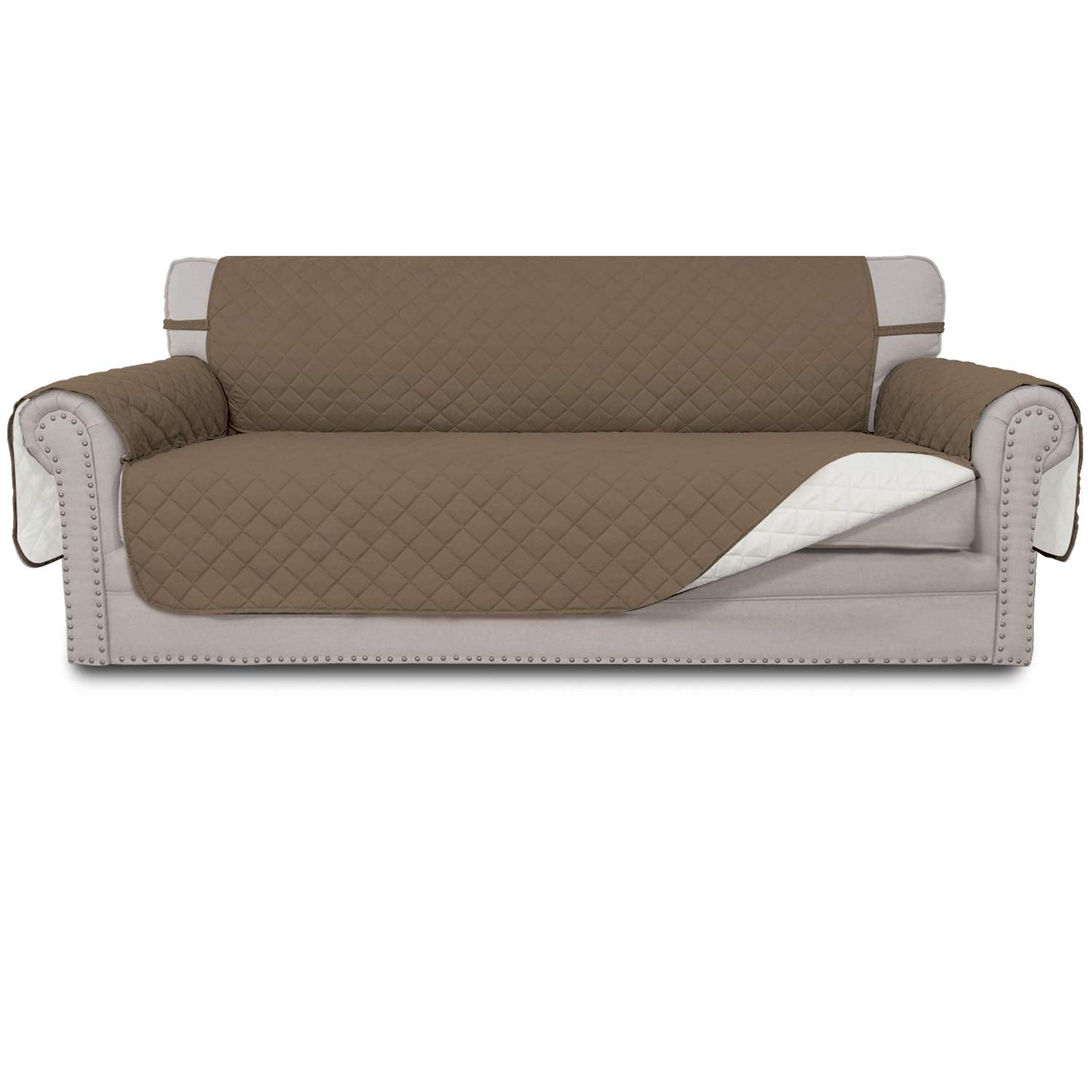 Easy-Going reversible couch cover on a 3-cushion sofa, protects against spills and wear.