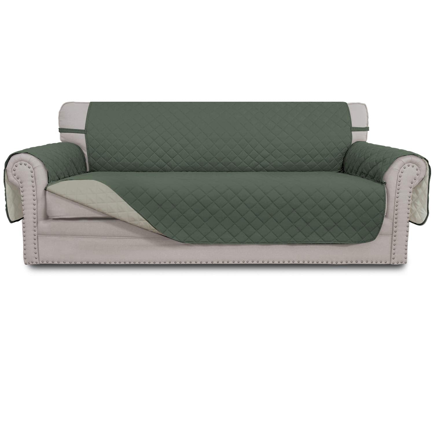 Easy-Going reversible couch cover on a sofa protects furniture with a stylish twin-color option