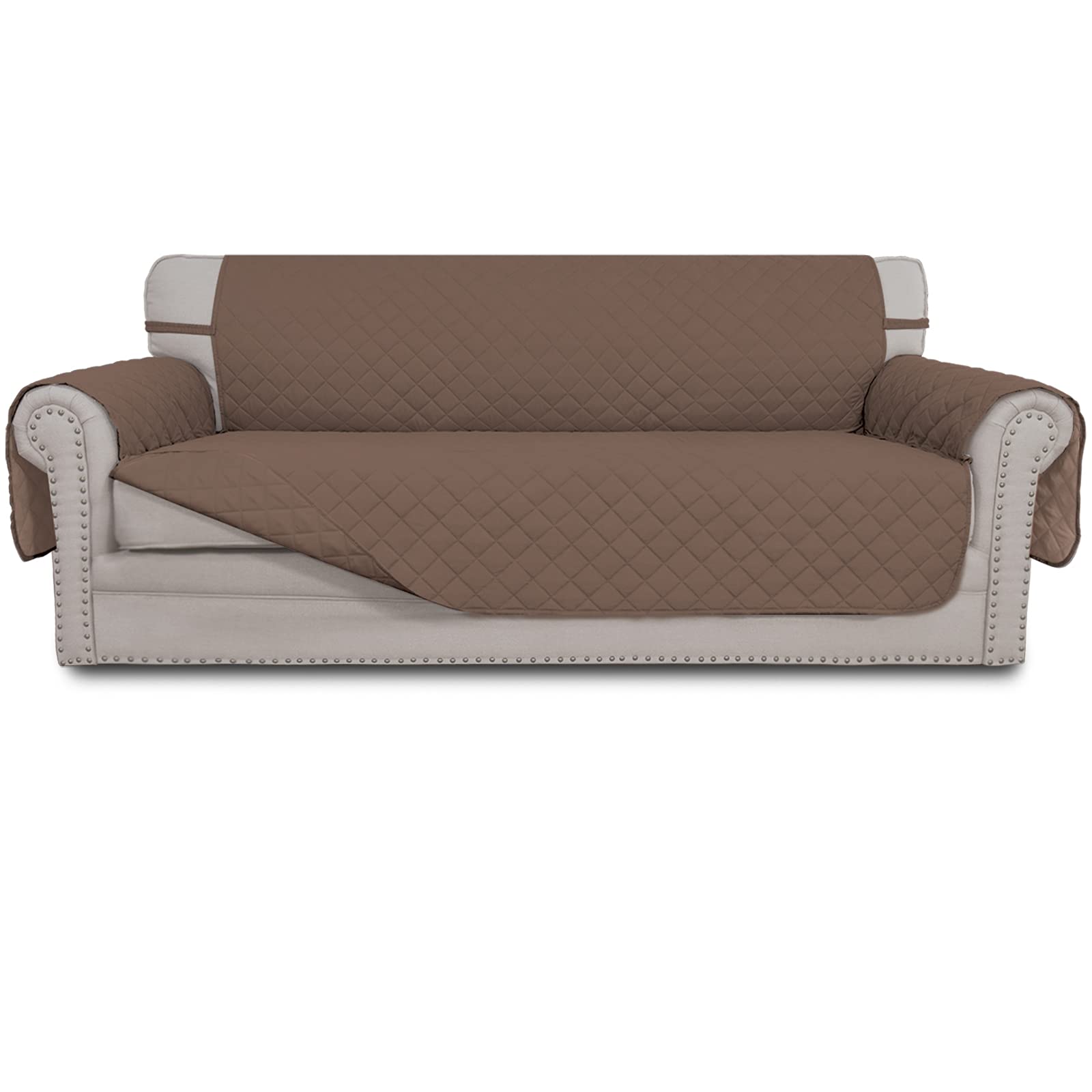Easy-Going reversible couch cover over a three-cushion sofa protects upholstery from spills