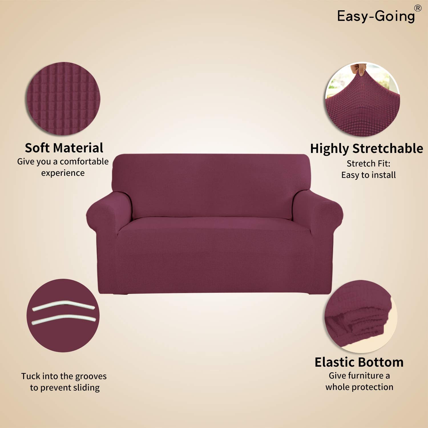 Easy-Going sofa cover fits 60 to 81 inches for versatile use.