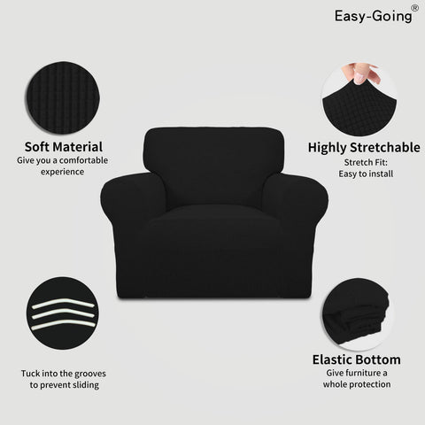 Easy-Going stretch chair slipcover in black adds refined look.