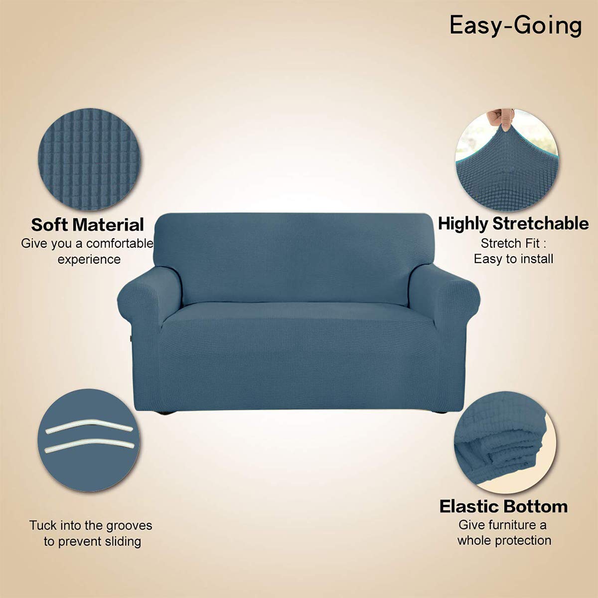 Easy-Going Stretch Loveseat Slipcover Bluestone back view shows full coverage.