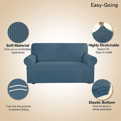 Easy-Going Stretch Loveseat Slipcover Bluestone back view shows full coverage.