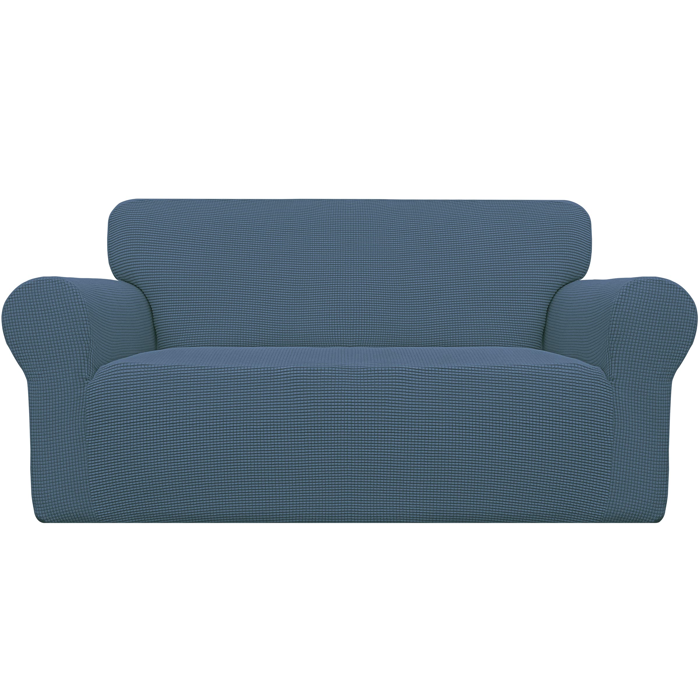 Easy-Going Stretch Loveseat Slipcover Bluestone front view protects and refreshes.