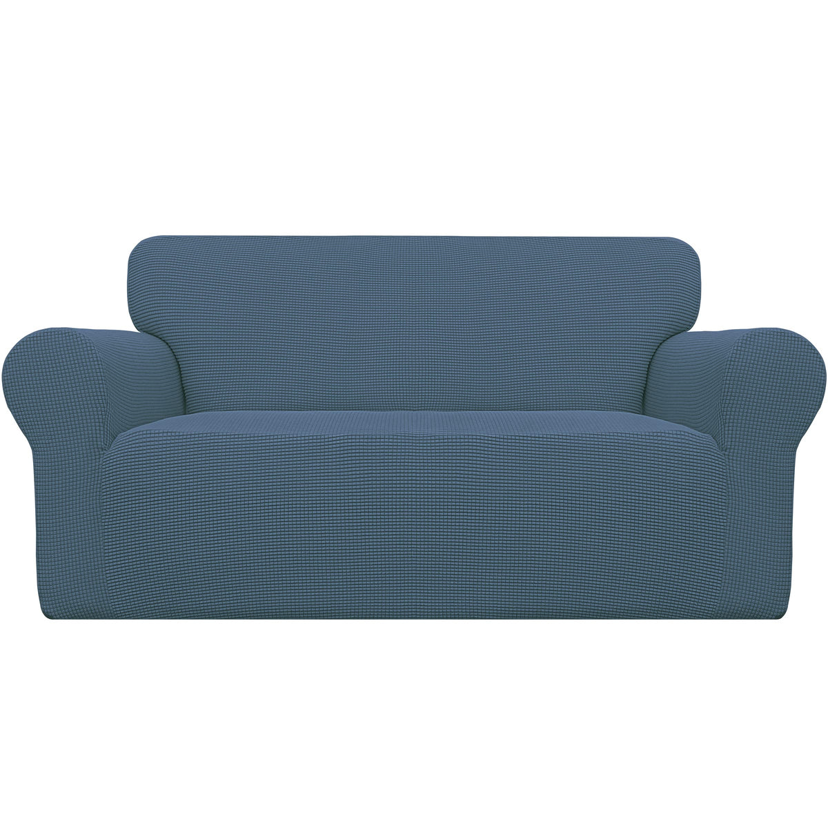 Easy-Going Stretch Loveseat Slipcover Bluestone front view protects and refreshes.