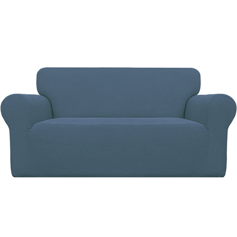 Easy-Going Stretch Loveseat Slipcover Bluestone front view protects and refreshes.