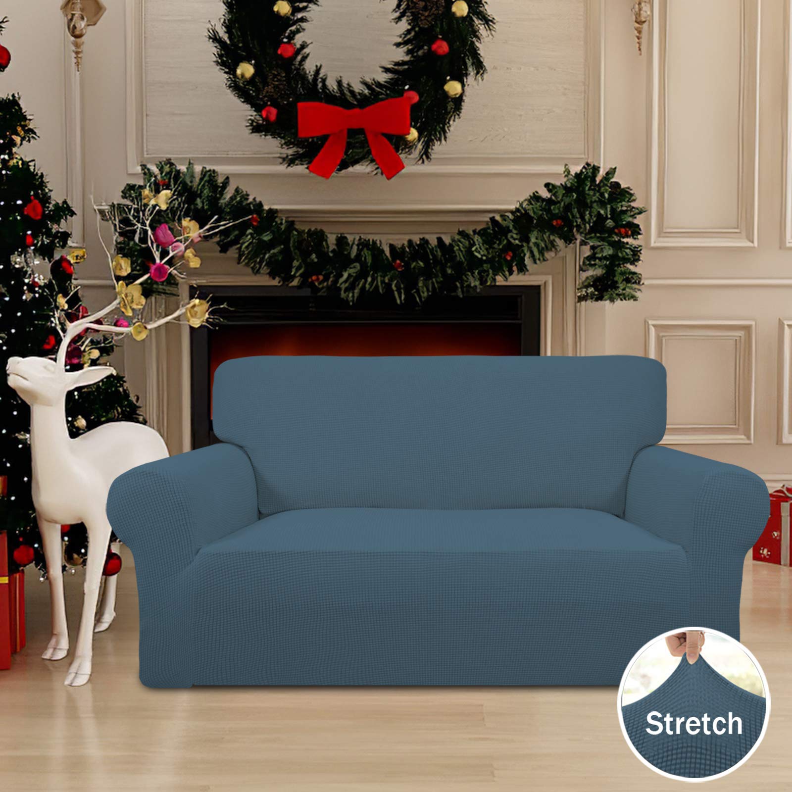 Easy-Going Stretch Loveseat Slipcover Bluestone side view adapts to décor.