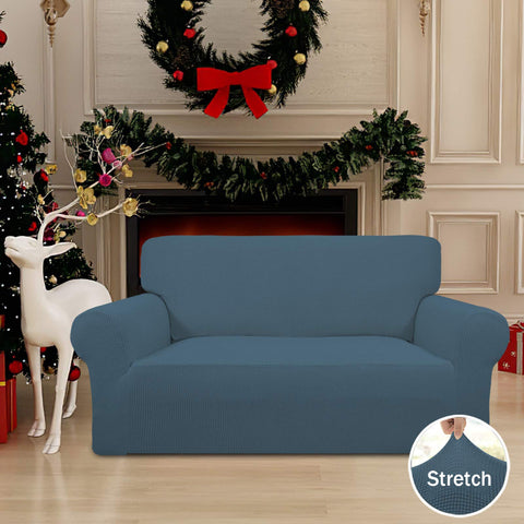 Easy-Going Stretch Loveseat Slipcover Bluestone side view adapts to décor.