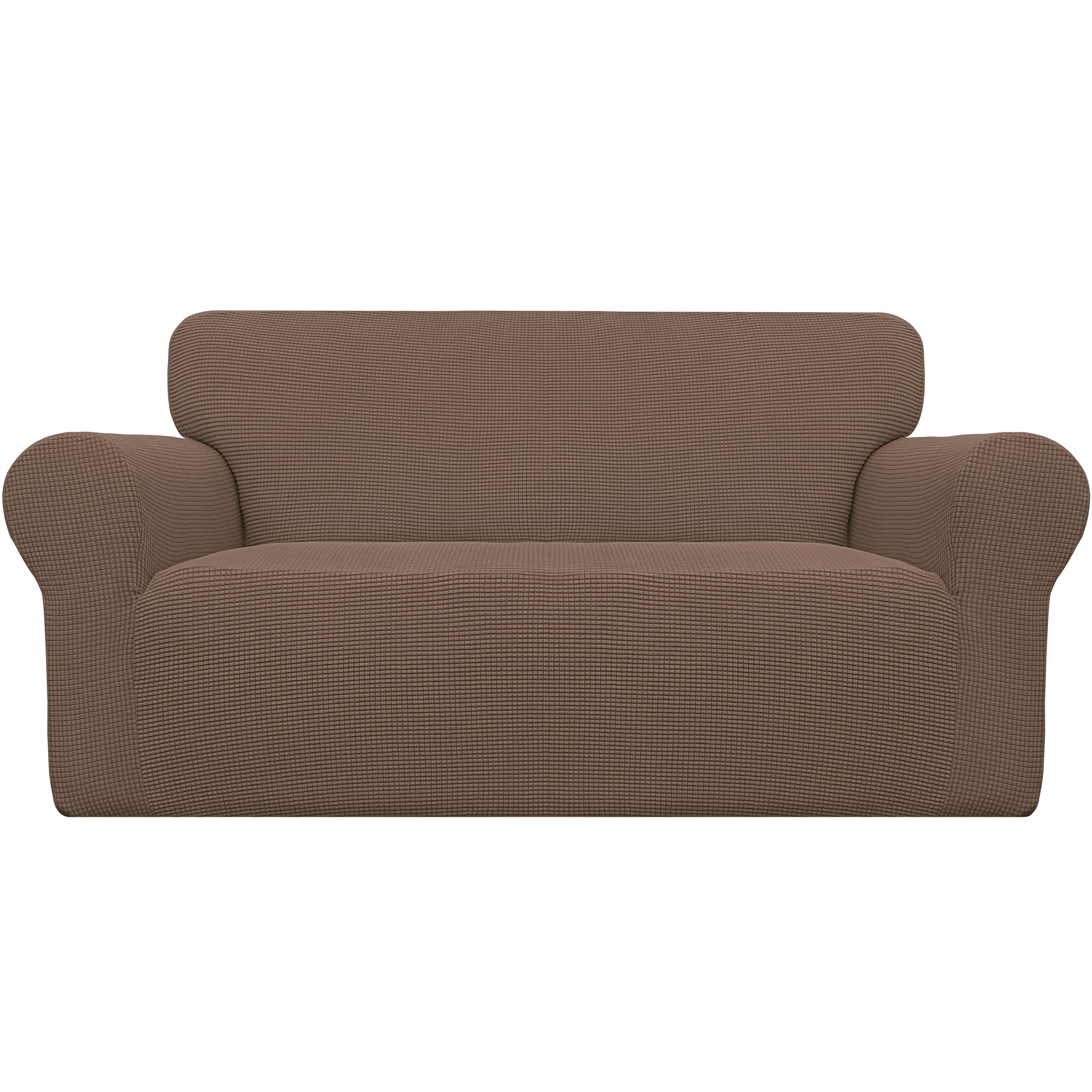 Easy-Going stretch loveseat slipcover brown jacquard fabric delivers soft comfort.