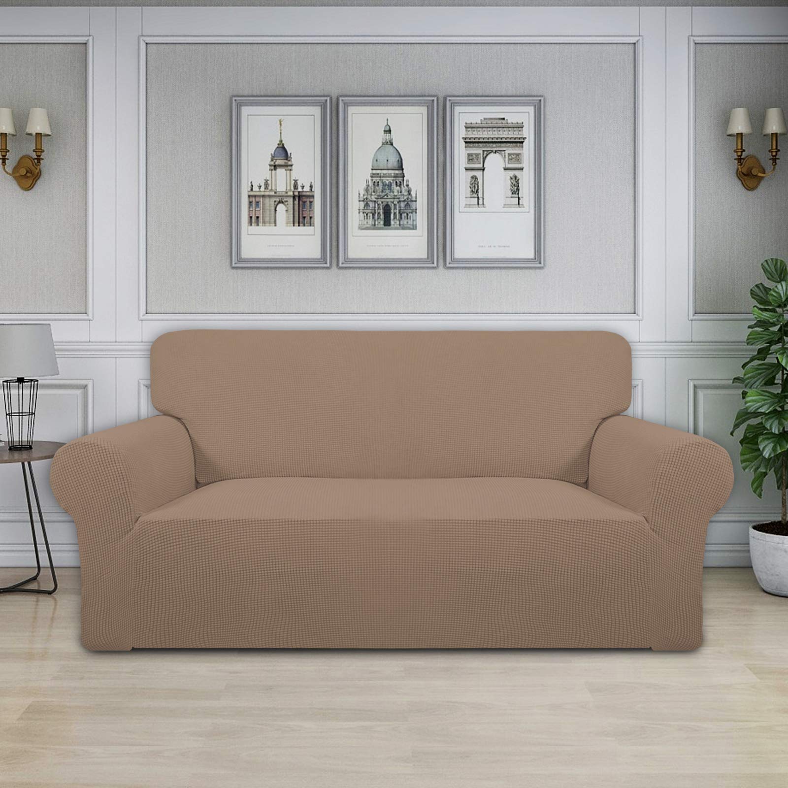 Easy-Going Stretch Loveseat Slipcover elastic-bottom fit demonstrates snug placement.