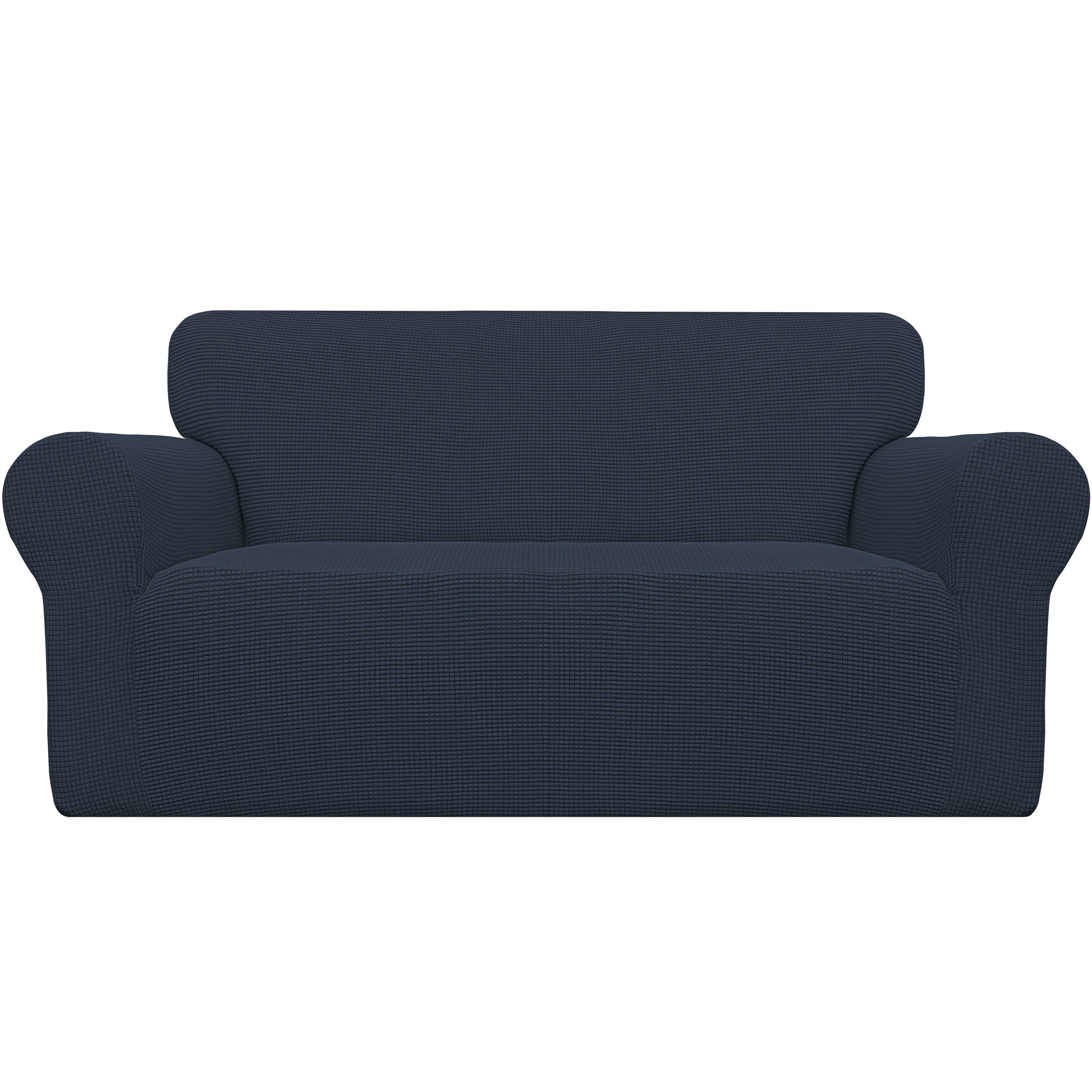 Easy-Going Stretch Loveseat Slipcover front view in dark blue protects upholstery