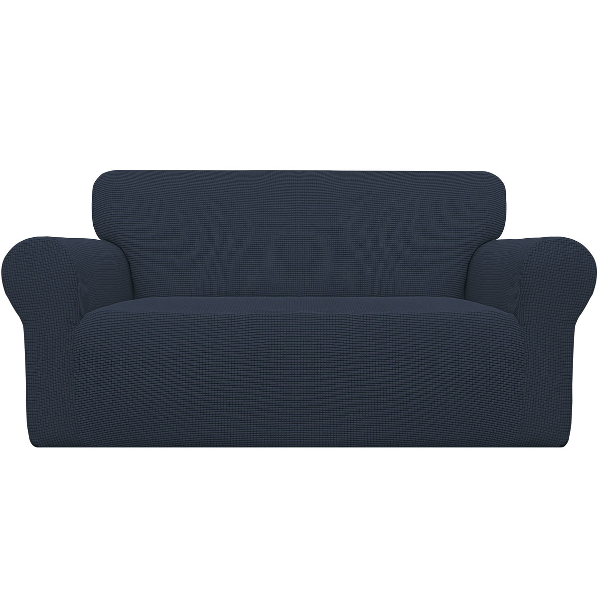 Easy-Going Stretch Loveseat Slipcover front view in dark blue protects upholstery