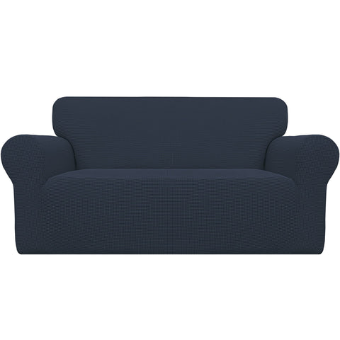 Easy-Going Stretch Loveseat Slipcover front view in dark blue protects upholstery