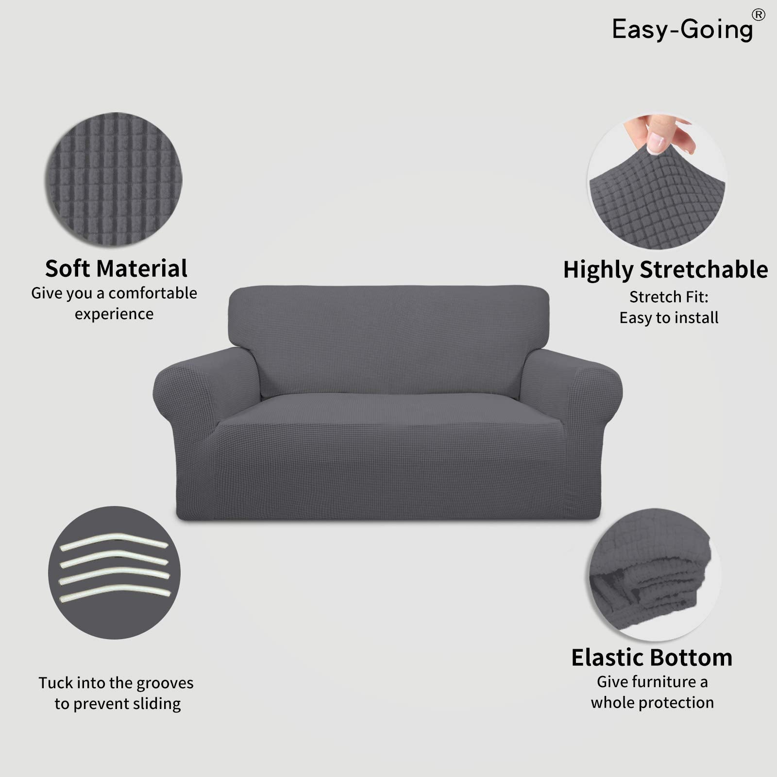 Easy-Going Slipcover in grey protects loveseat from daily wear and stains.