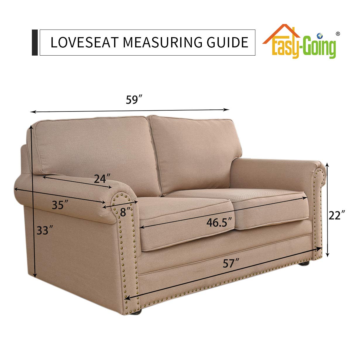 Measurement guide helps fit Easy-Going loveseat slipcover accurately.