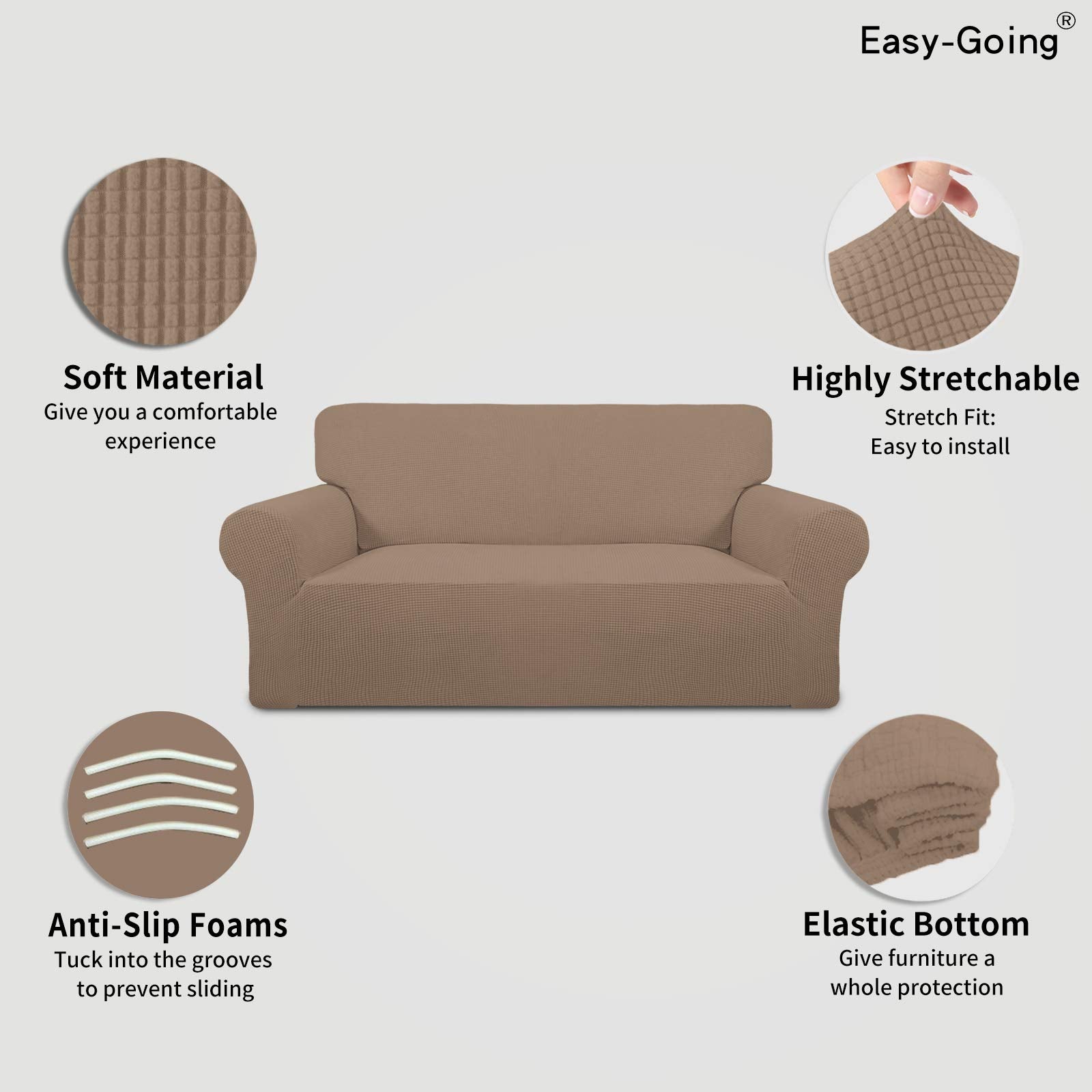 Easy-Going Stretch Loveseat Slipcover measurement guide highlights sizing for 40–60 inch seats.