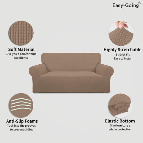 Easy-Going Stretch Loveseat Slipcover measurement guide highlights sizing for 40–60 inch seats.
