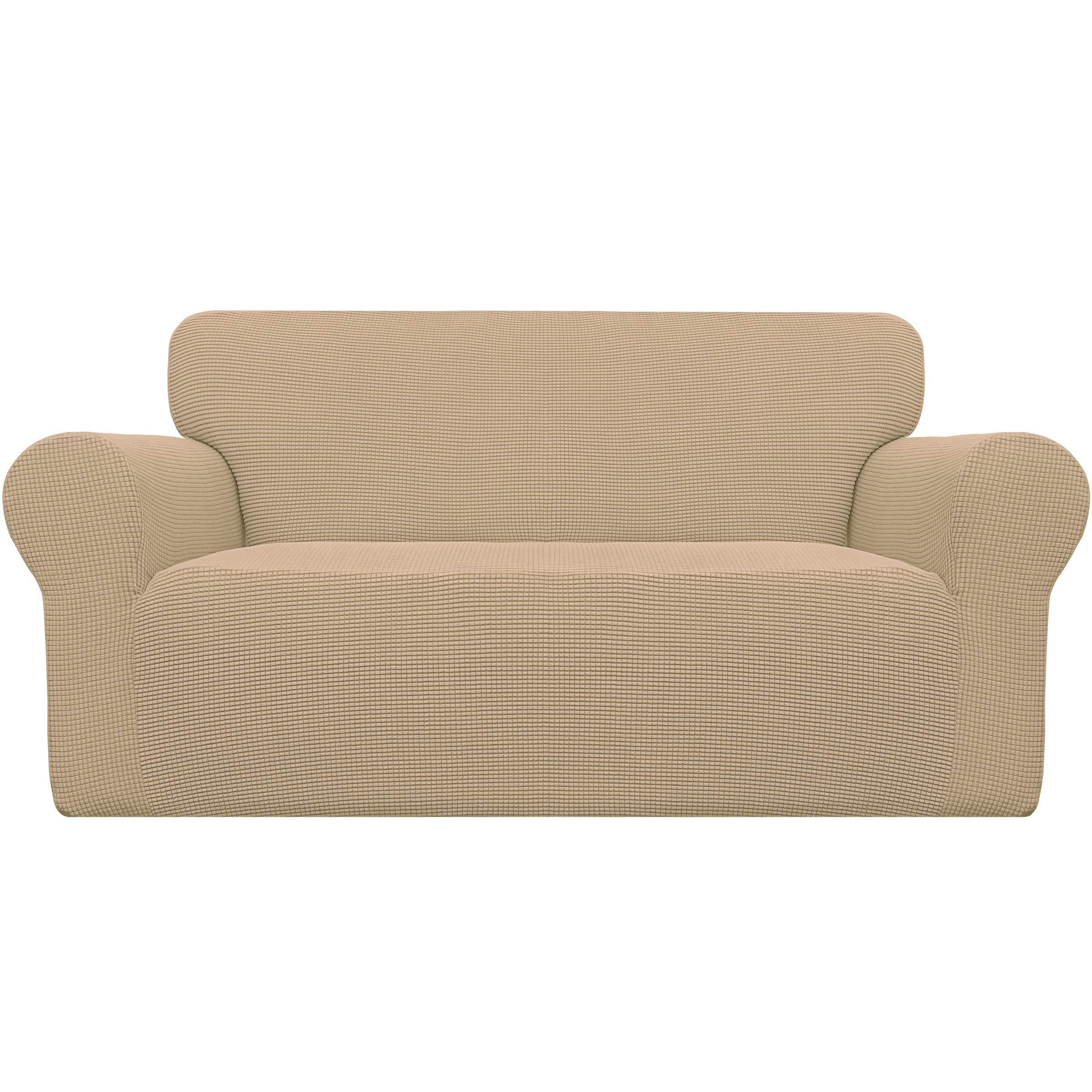 Easy-Going Stretch Loveseat Slipcover sand front view with snug fit.