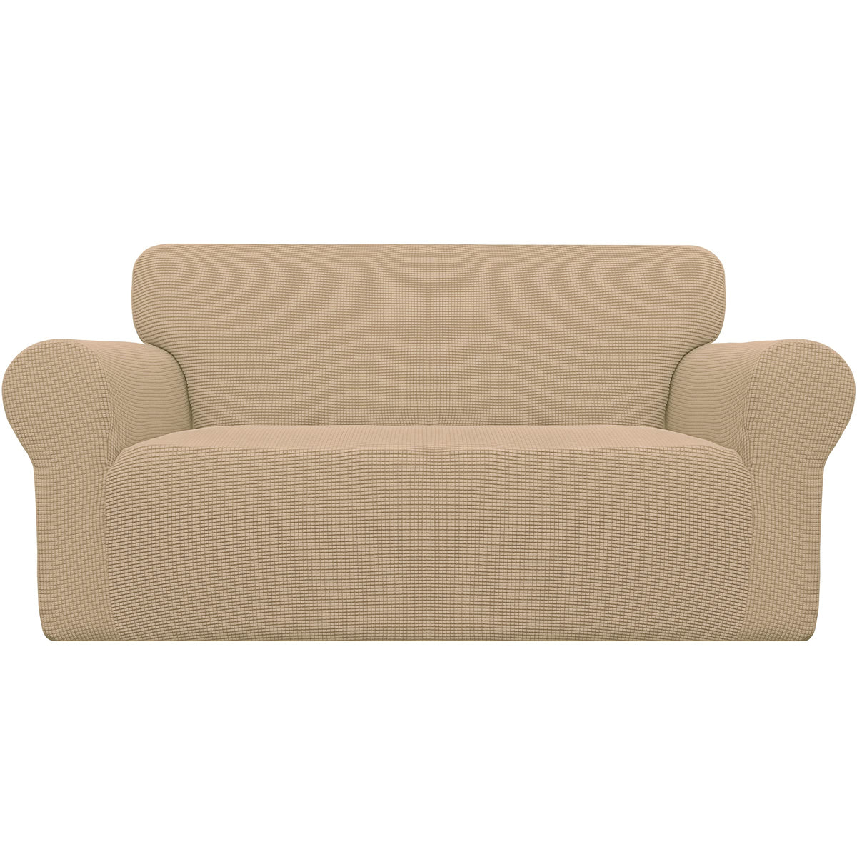 Easy-Going Stretch Loveseat Slipcover sand front view with snug fit.