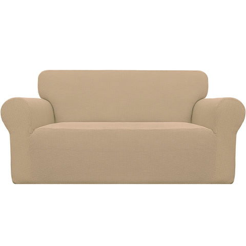 Easy-Going Stretch Loveseat Slipcover sand front view with snug fit.