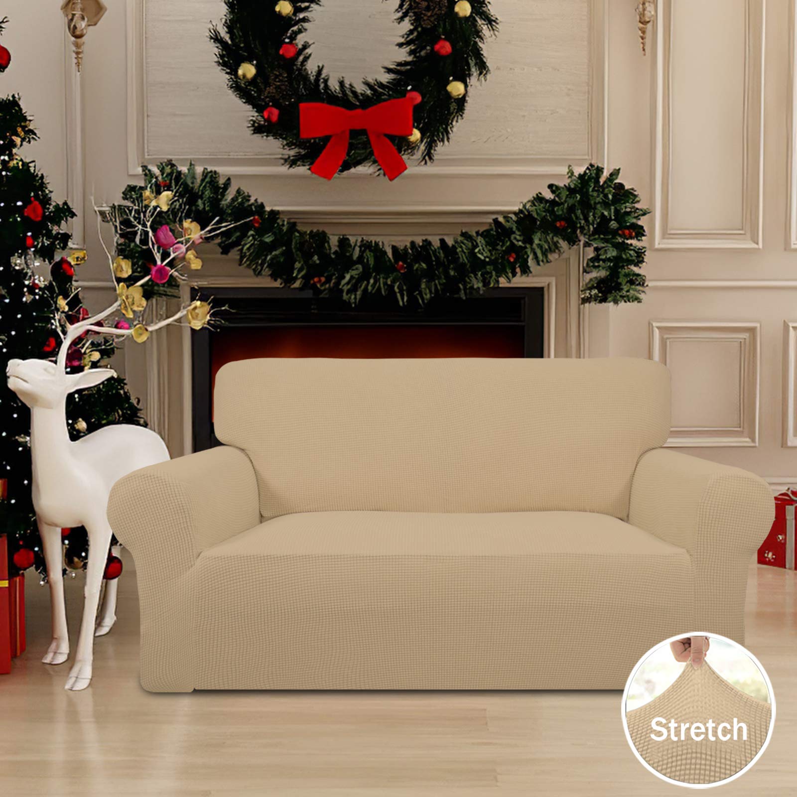 Easy-Going Stretch Loveseat Slipcover sand side view with elastic bottom.