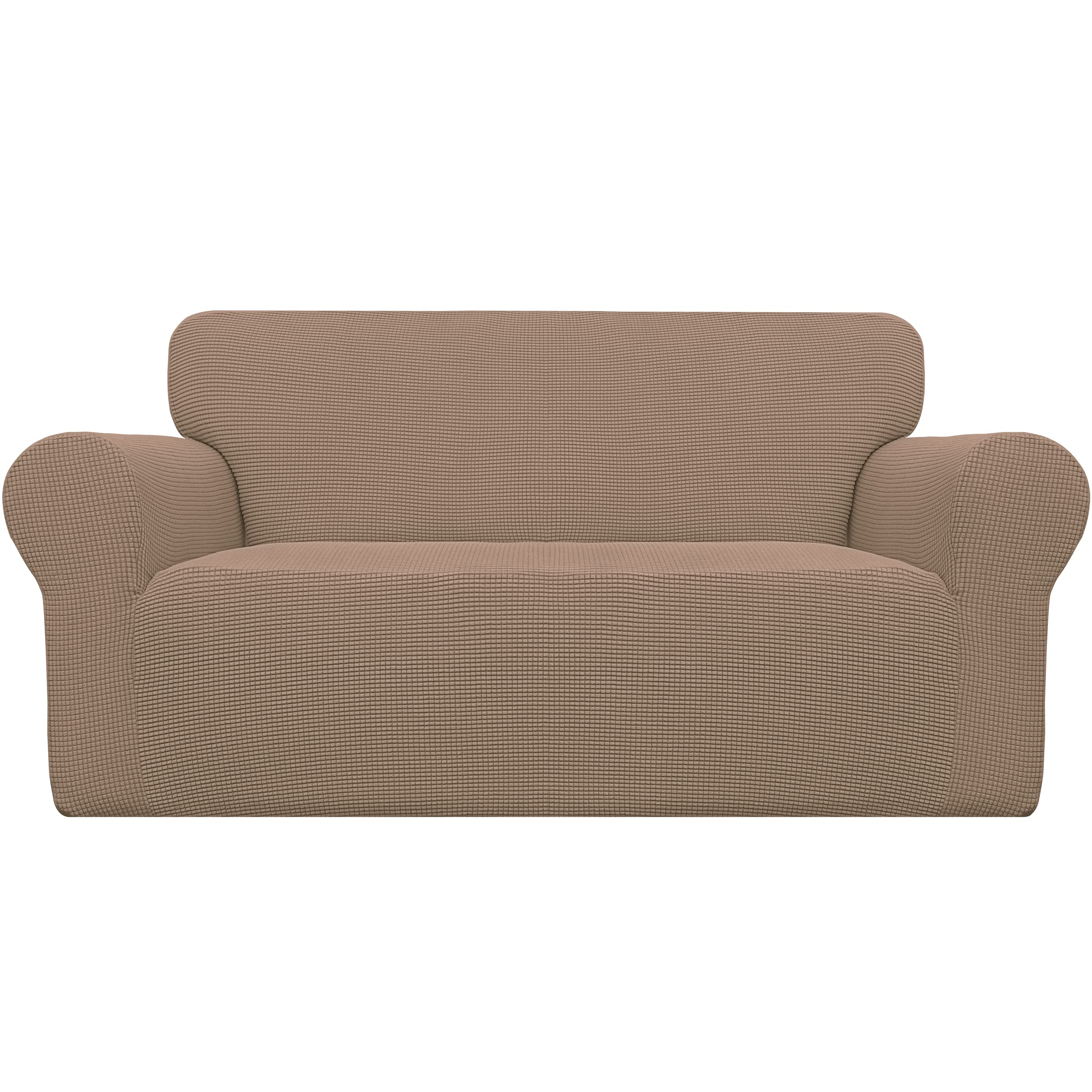 Easy-Going Stretch Loveseat Slipcover closeup shows soft jacquard fabric protecting furniture.