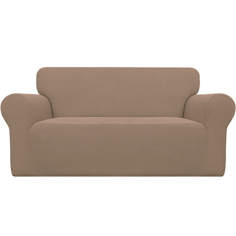 Easy-Going Stretch Loveseat Slipcover closeup shows soft jacquard fabric protecting furniture.