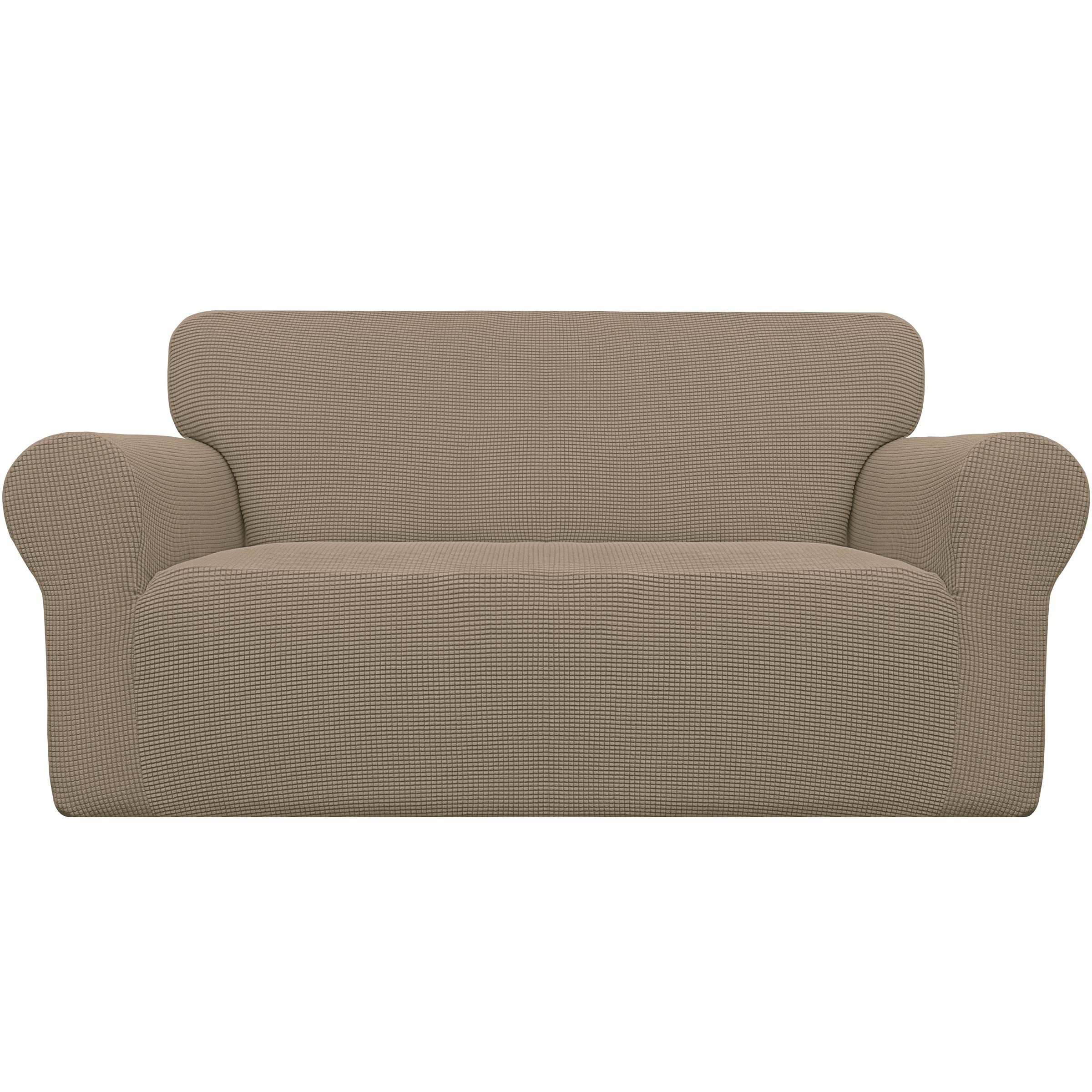 Easy-Going Stretch Loveseat Slipcover in natural jacquard adds soft texture and protection.