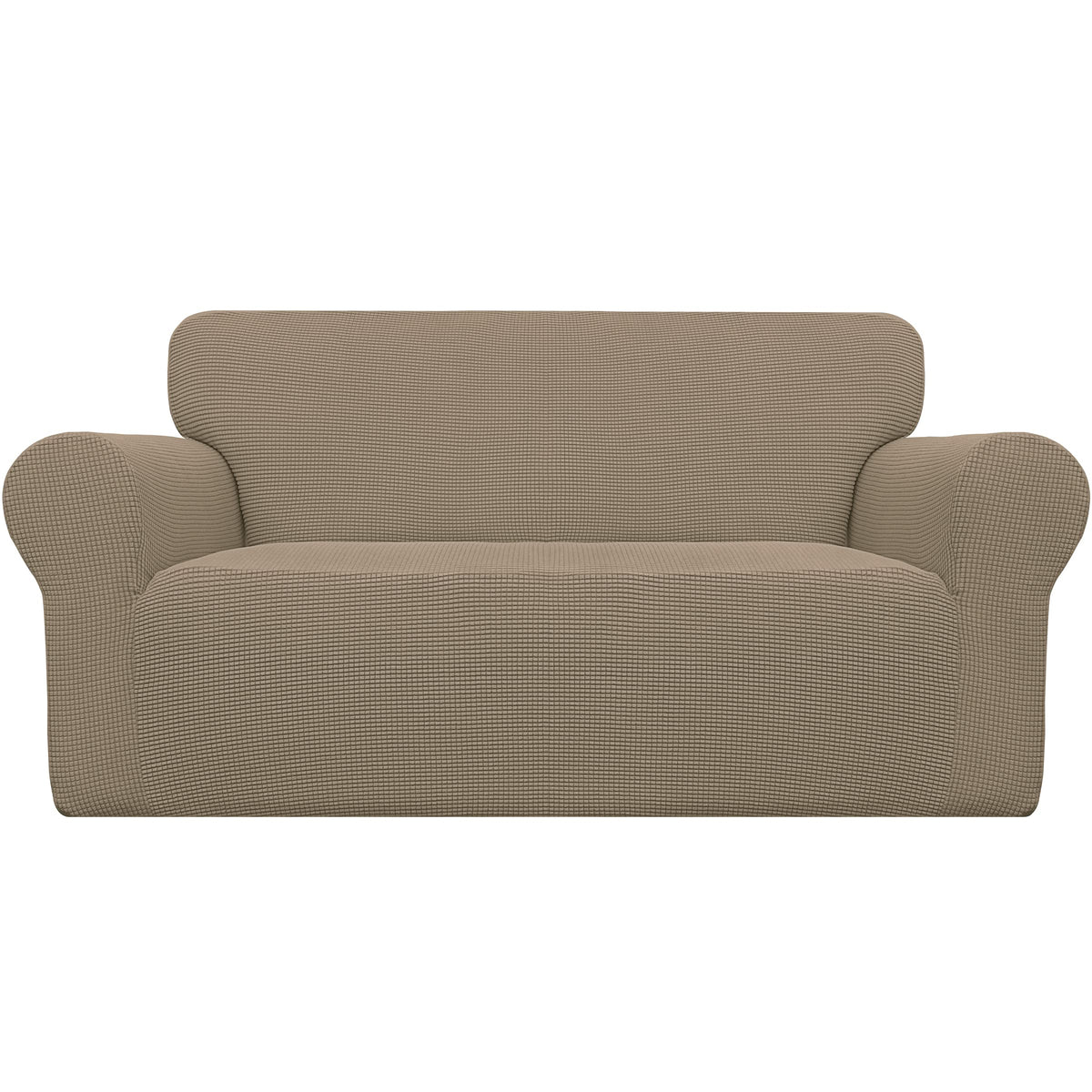 Easy-Going Stretch Loveseat Slipcover in natural jacquard adds soft texture and protection.