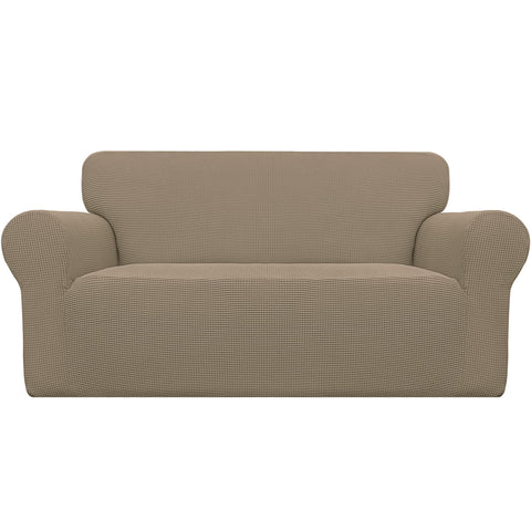Easy-Going Stretch Loveseat Slipcover in natural jacquard adds soft texture and protection.