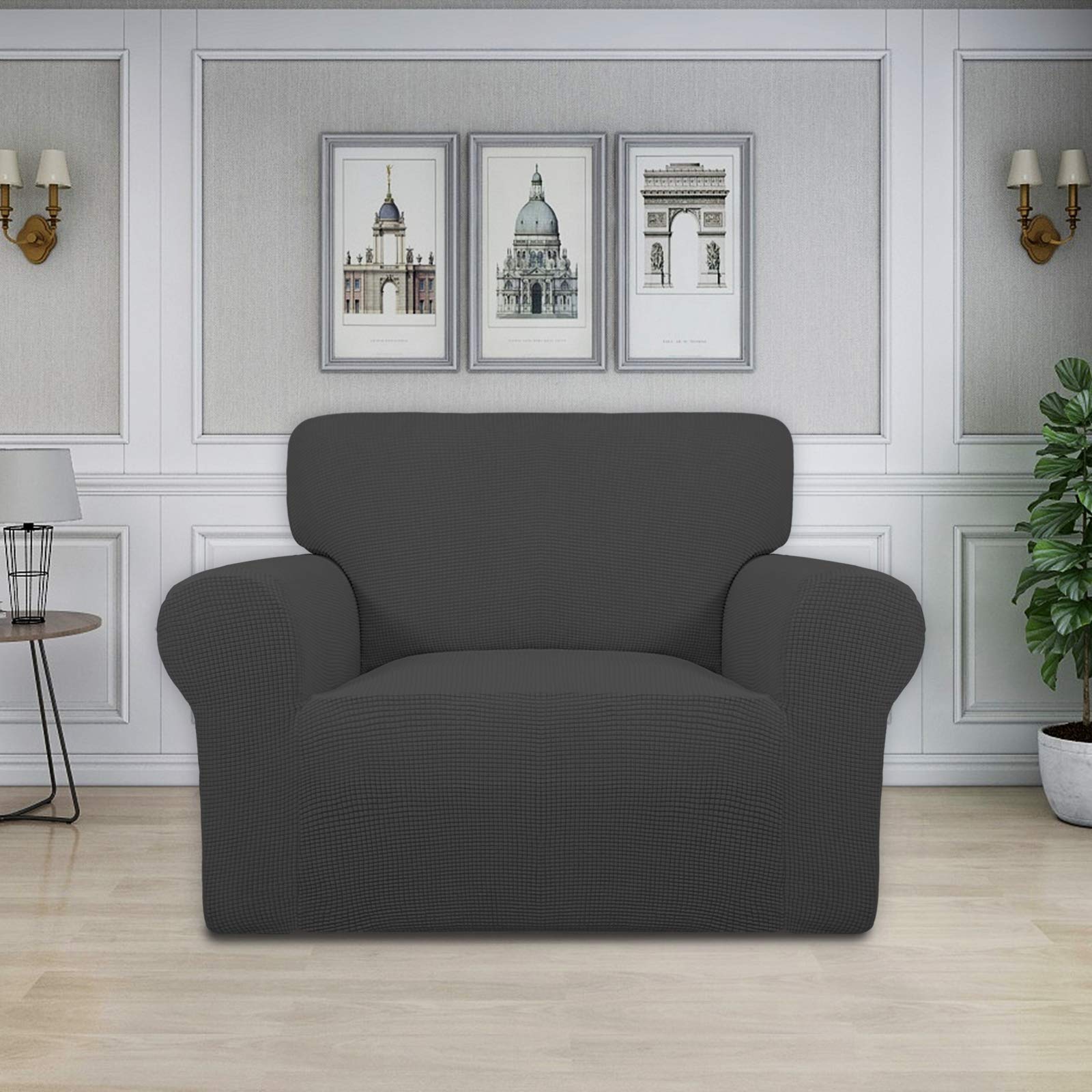Easy-Going stretch chair slipcover shows elastic bottom for secure, easy fit.