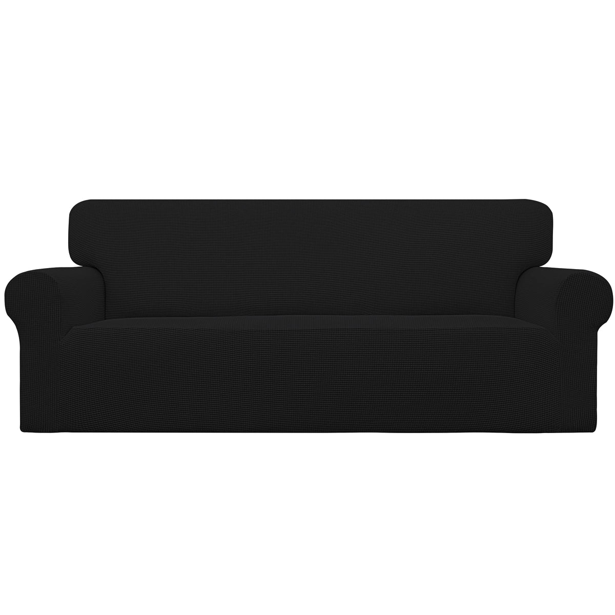 Easy-Going stretch slipcover front view in black jacquard for quick couch protection.