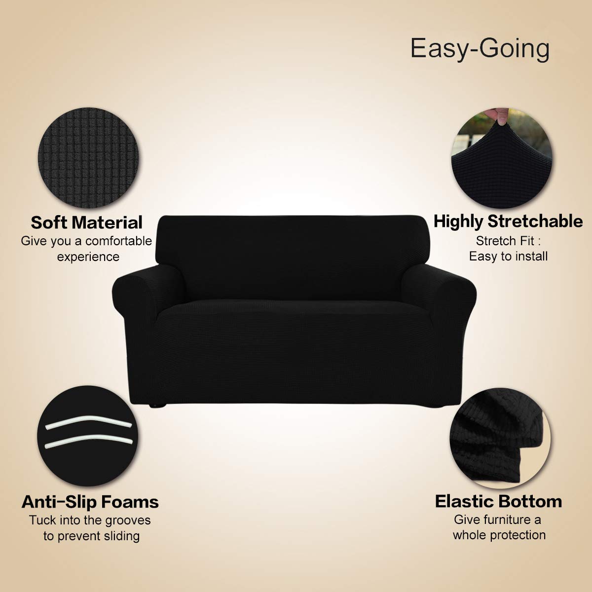 Easy-Going Stretch Sofa Slipcover black fabric adds modern look to the living room.