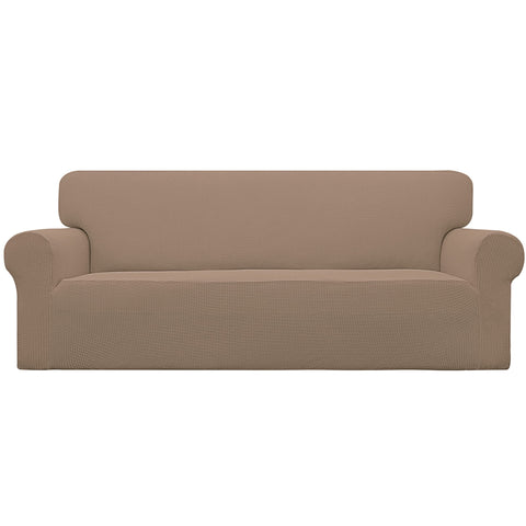 Easy-Going stretch sofa slipcover camel fabric closeup shows soft jacquard texture for cozy living spaces.