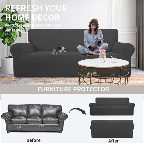 Easy-Going stretch sofa slipcover in dark gray complements decor styles