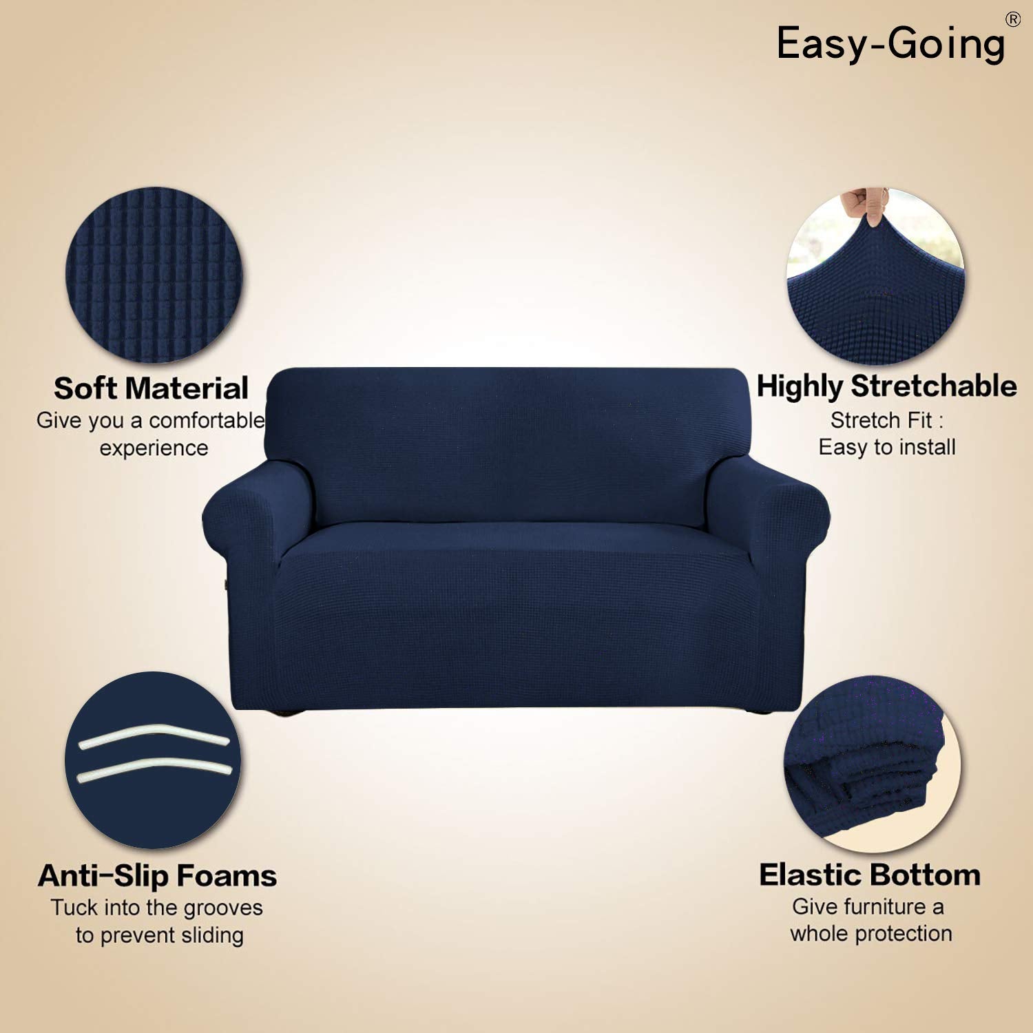 Easy-Going slipcover dimensions guide image explains fit range.