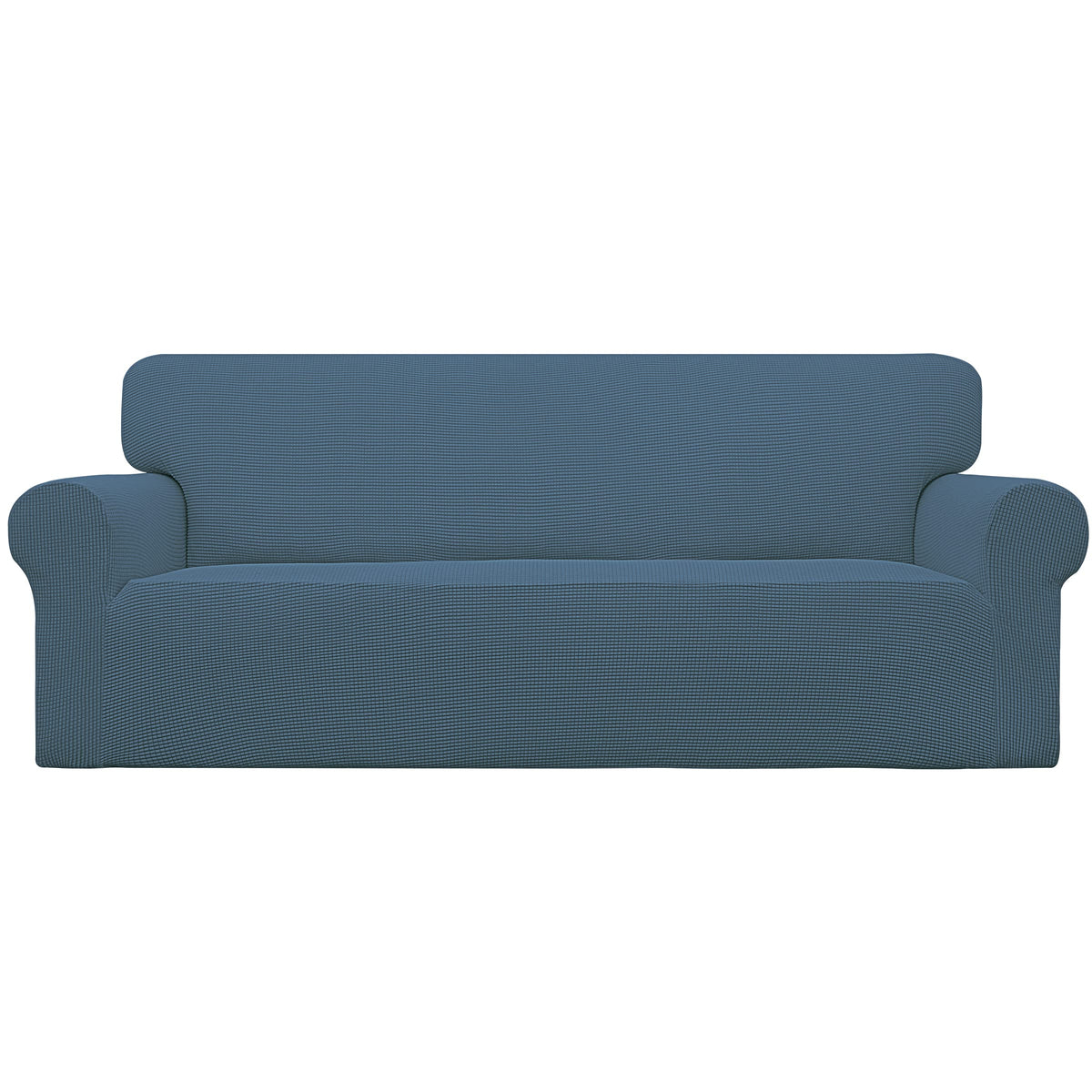 Easy-Going stretch sofa slipcover with elastic bottom in Bluestone protects and refreshes your sofa.