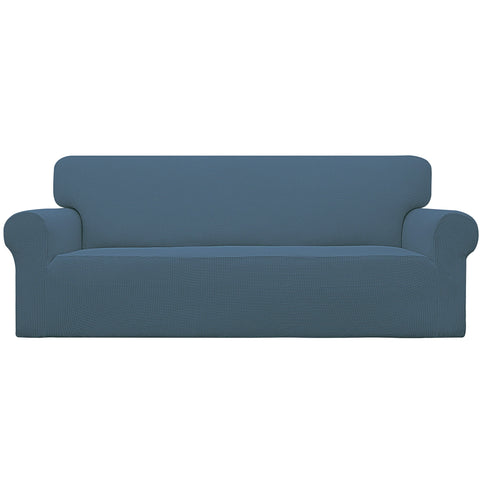 Easy-Going stretch sofa slipcover with elastic bottom in Bluestone protects and refreshes your sofa.