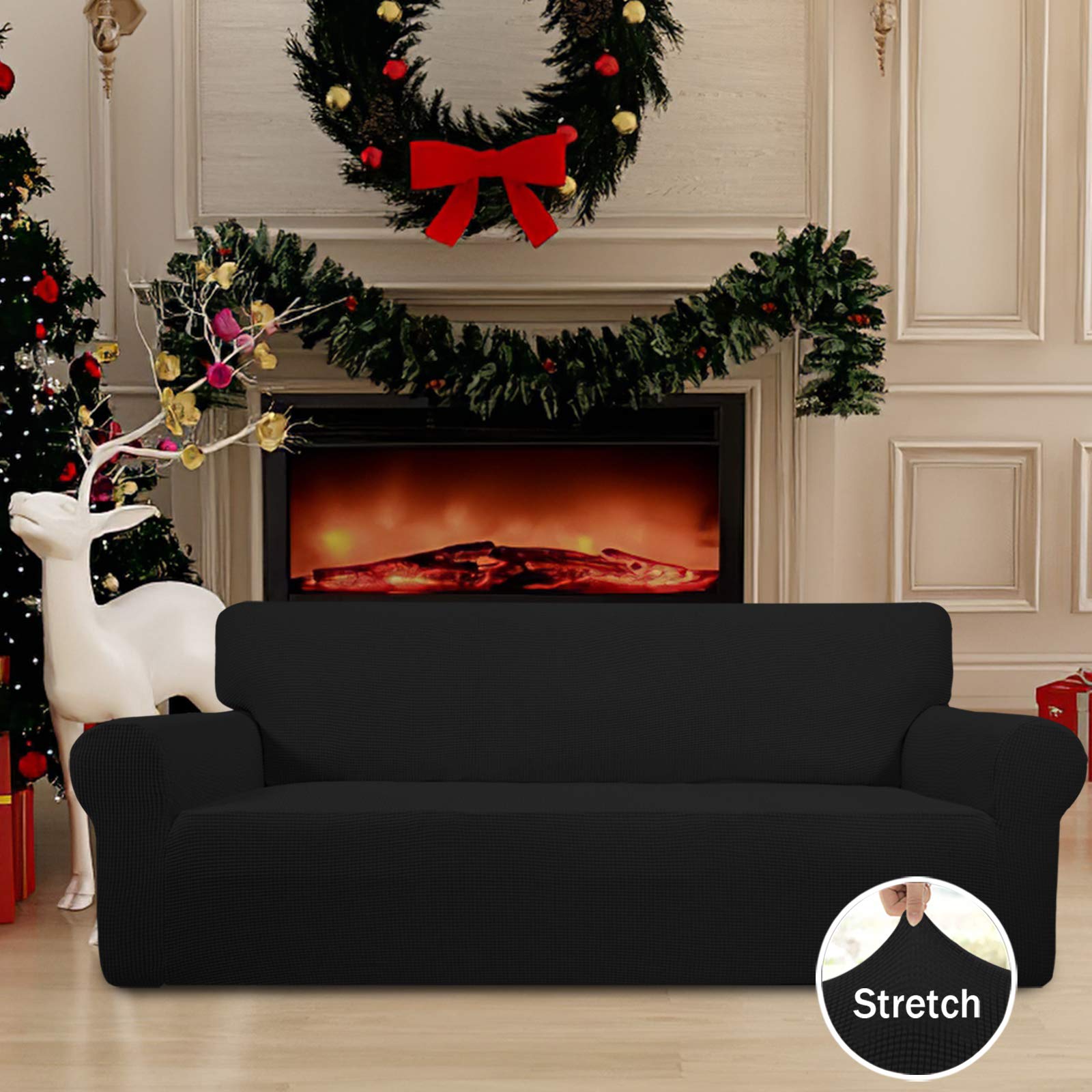 Easy-Going Stretch Sofa Slipcover with elastic bottom keeps fabric in place during activity.