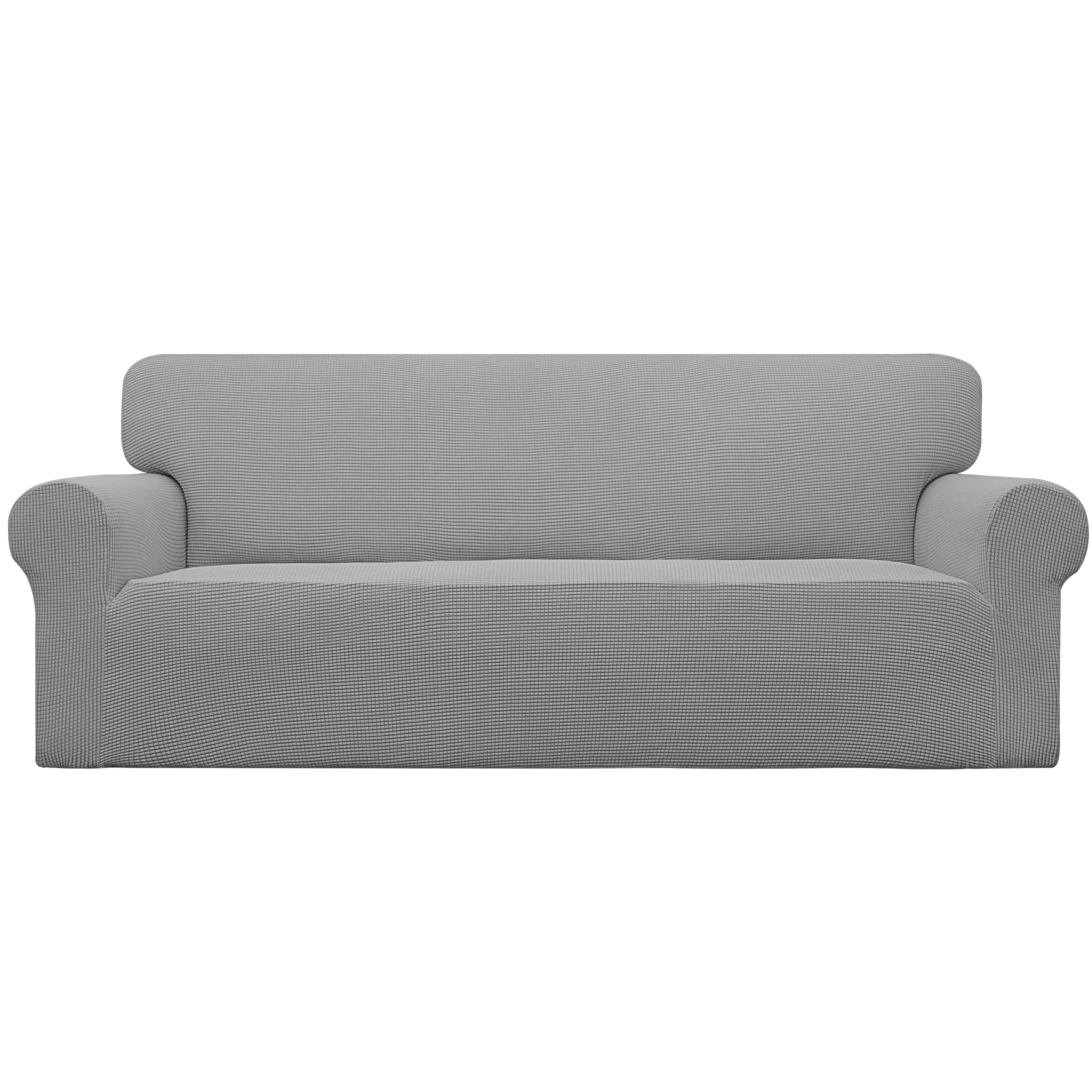 Easy-Going stretch sofa slipcover in light gray closeup shows soft jacquard fabric and daily wear protection.