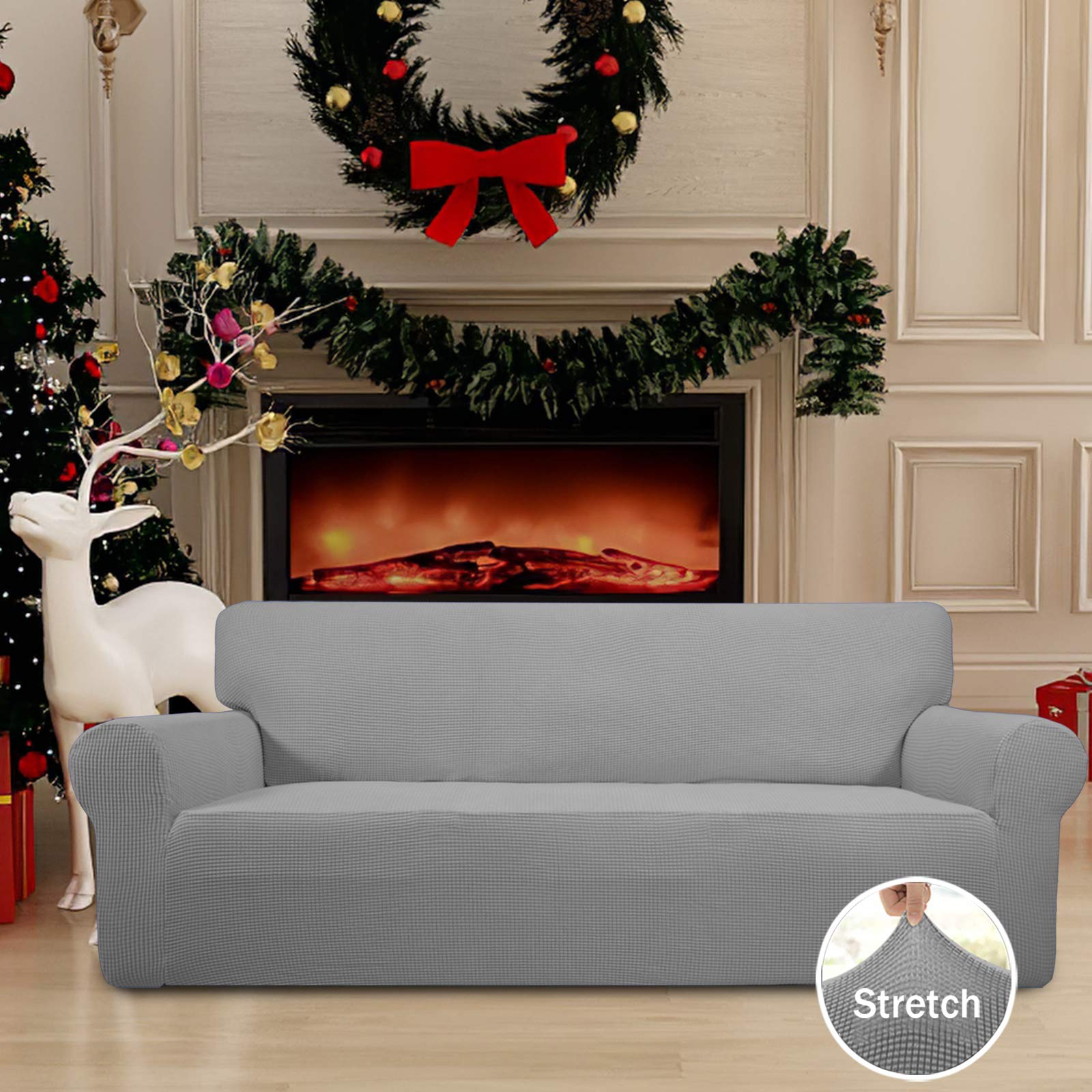 Easy-Going slipcover light gray fabric weave highlights comfortable fit across cushions.
