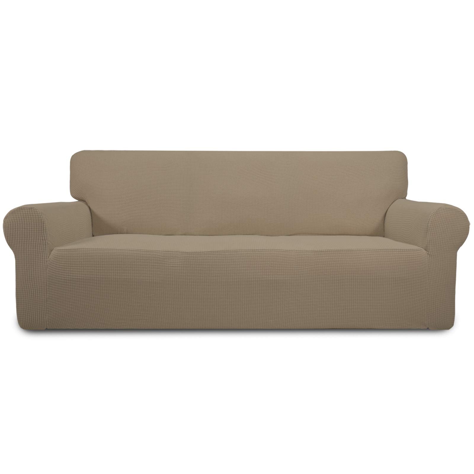 Easy-Going stretch slipcover in natural color, front view showing protection and style
