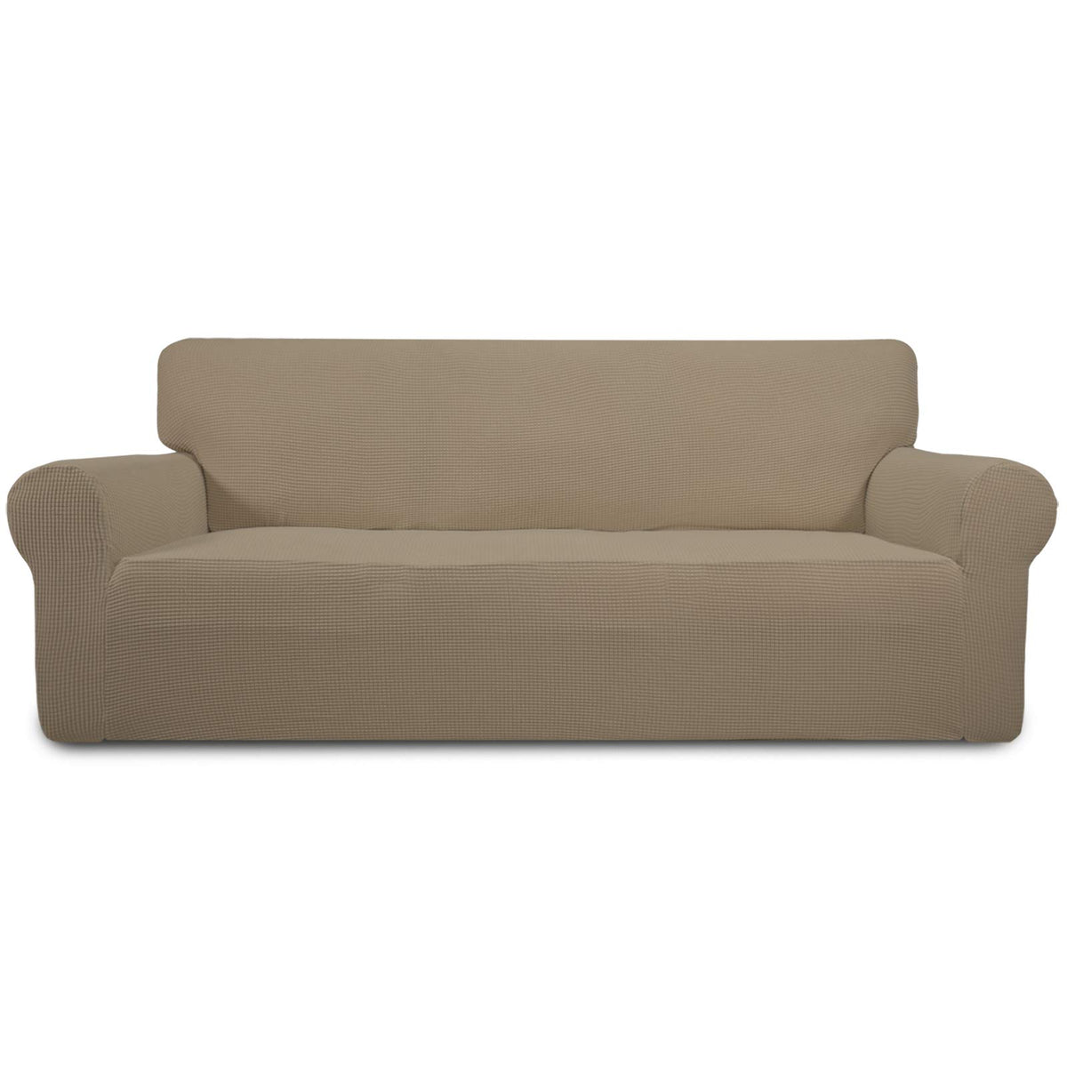 Easy-Going stretch slipcover in natural color, front view showing protection and style