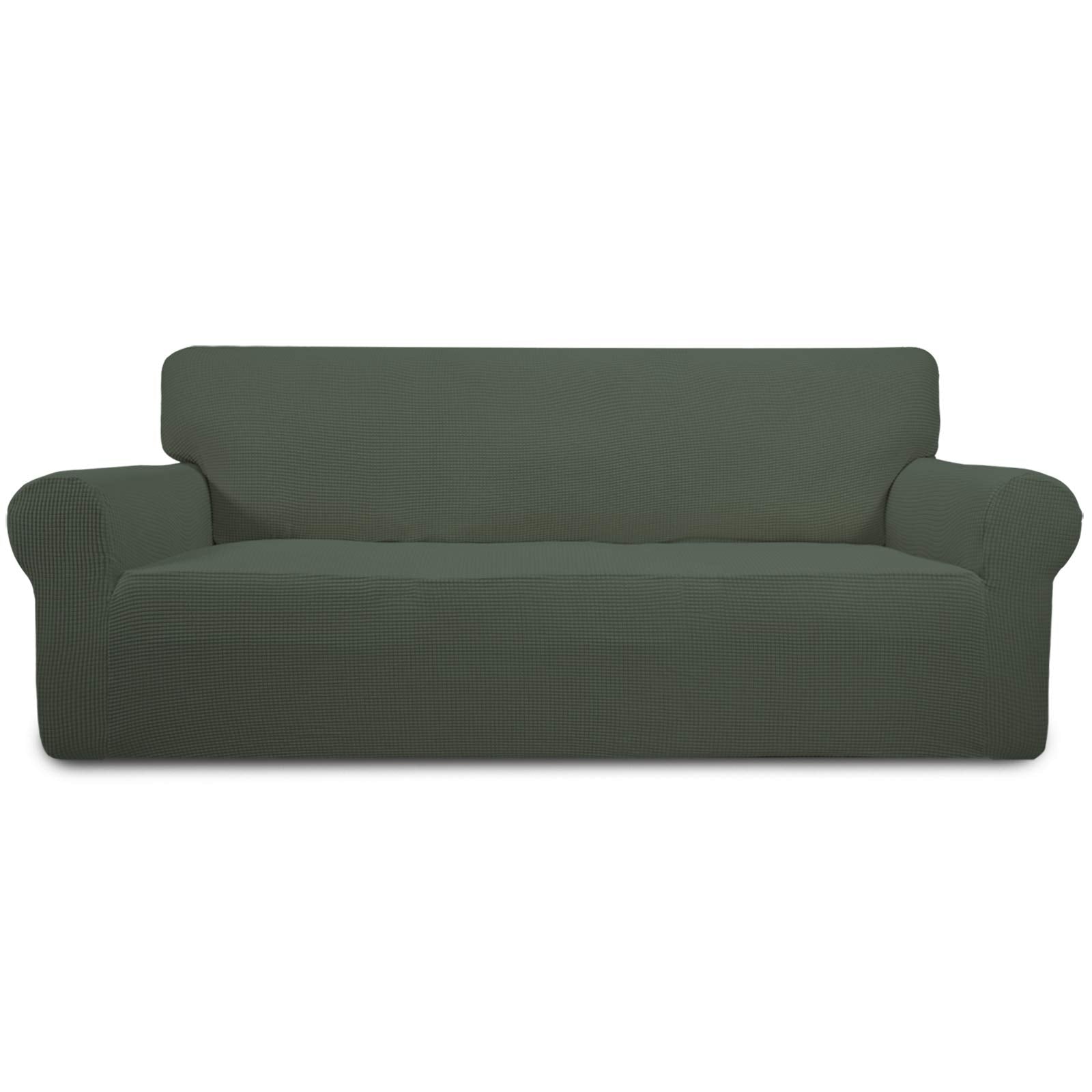 Easy-Going stretch sofa slipcover in olive green with soft jacquards for cozy protection.
