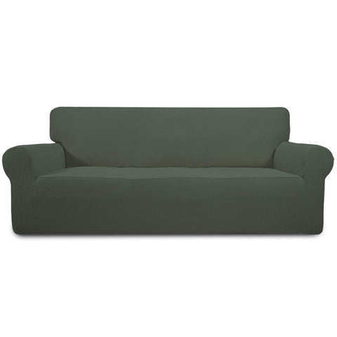 Easy-Going stretch sofa slipcover in olive green with soft jacquards for cozy protection.